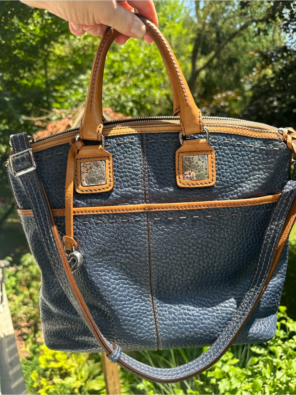 Brighton Navy Blue pebbled leather with Tan Leather Patch Tote - Picture 10 of 15